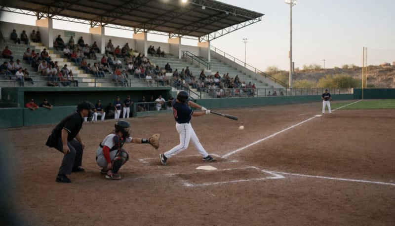 Jugador bateando durante un partido de béisbol en un estadio bajo las luces de la tarde