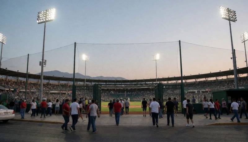 Aficionados ingresando al estadio de beisbol en la tarde con luces encendidas