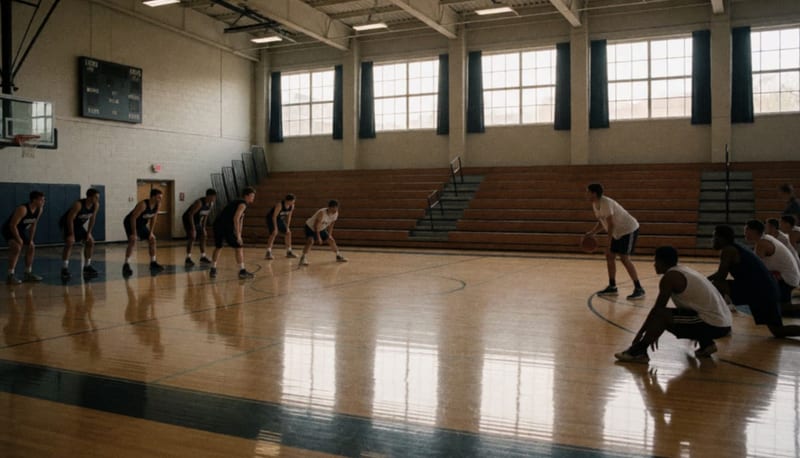 Jugadores de ambos equipos calentando en la cancha antes del inicio del partido de baloncesto