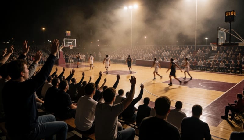 Aficionados en las gradas de un gimnasio de baloncesto observan el juego nocturno desde atrás, con jugadores moviéndose sobre la duela