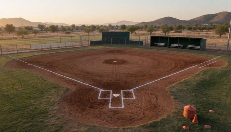 Campo de beisbol visto desde el aire al atardecer, con diamante de tierra rojiza, bancas vacías y cerros al fondo