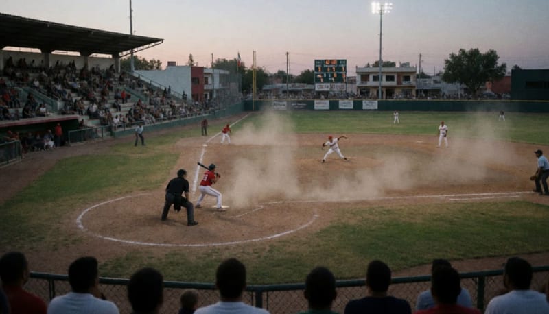 Jugadores en acción durante un partido de beisbol bajo las luces del estadio al atardecer