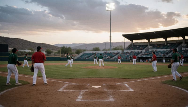 Jugadores de dos equipos de béisbol preparándose en el terreno de juego al atardecer