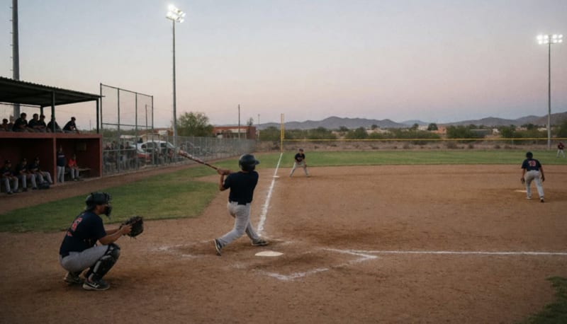 Jugadores en la cancha de beisbol durante un encuentro de la Liga Estatal en el atardecer