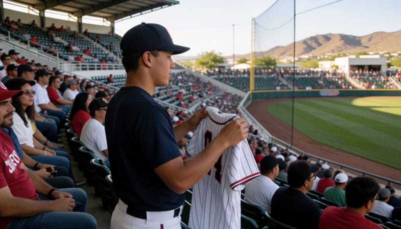 Joven pelotero sosteniendo la playera de su equipo en el estadio durante un juego