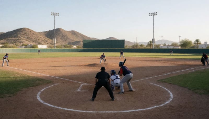 Jugadores en la cancha durante un partido de béisbol con el polvo del diamante iluminado por el sol de la tarde