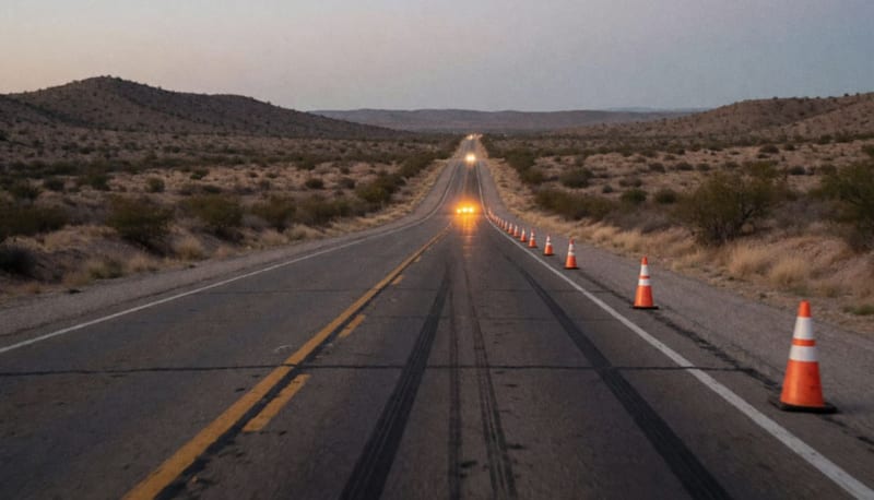 Carretera de dos carriles al atardecer con conos de emergencia en el acotamiento
