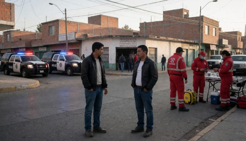 Paramédicos atendiendo a hombres heridos en una calle de la colonia Juan Güereca con patrullas al fondo