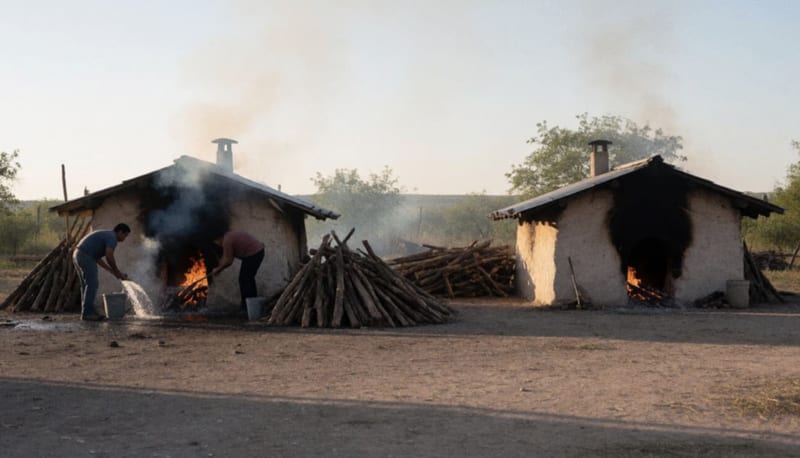 Trabajadores sofocando un incendio en un horno chipotlero con cubetas de agua en zona rural
