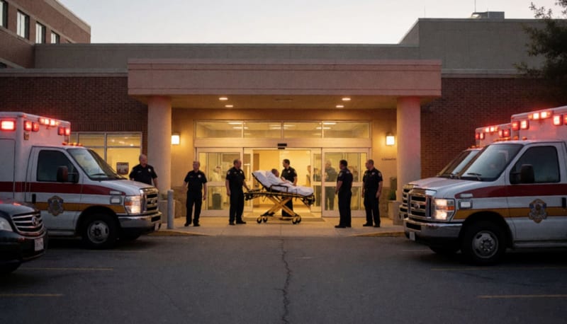 Entrada de emergencias de un hospital con ambulancias estacionadas y personal médico en la puerta
