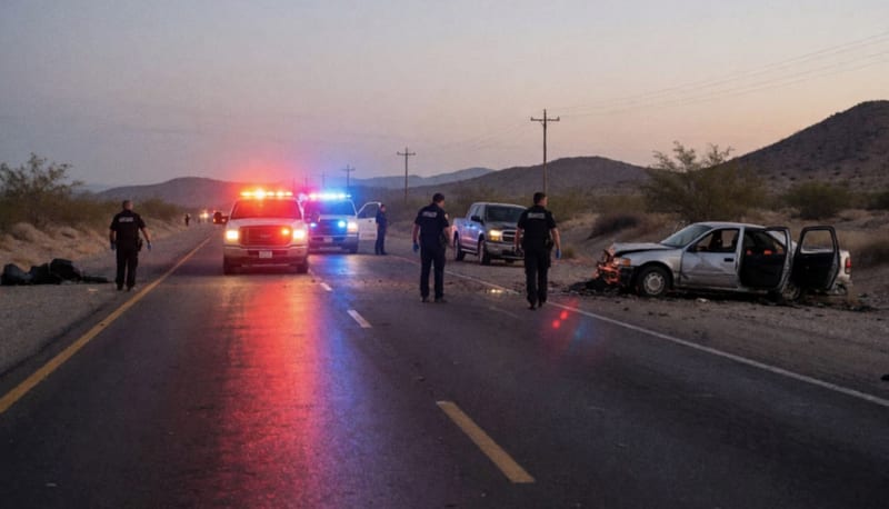 Escena de accidente vial en carretera del desierto chihuahuense con luces de emergencia activadas