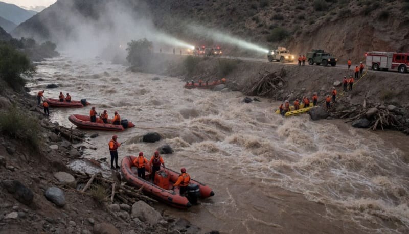 Personal de rescate trabajando en las aguas turbulentas del río Parral con equipo de emergencia en las orillas