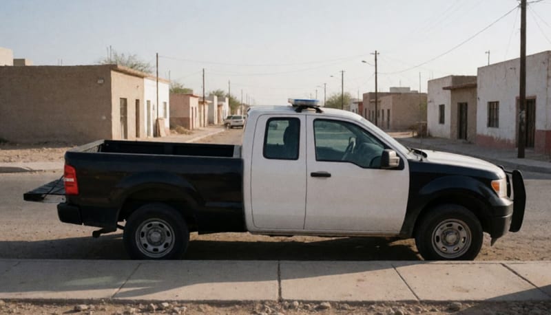 Patrulla tipo pick up estacionada en una calle del desierto de Parral bajo luz del día