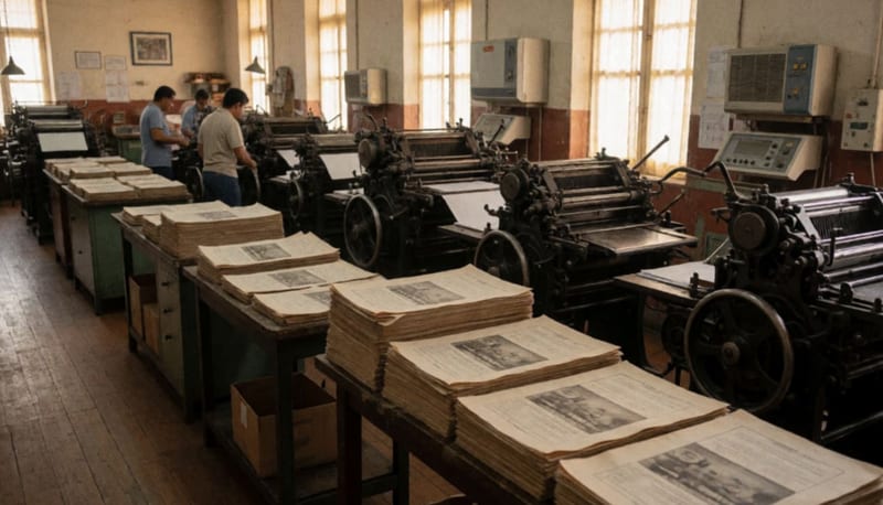 Interior de un taller de imprenta con máquinas y papeles impresos en mesas de trabajo