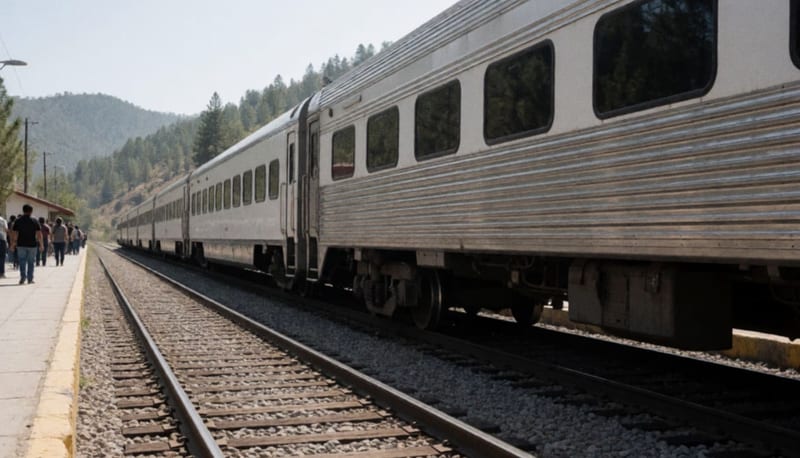 Un tren de vagones blancos detenido en una vía secundaria junto a una estación rural, con personas esperando a lo lejos