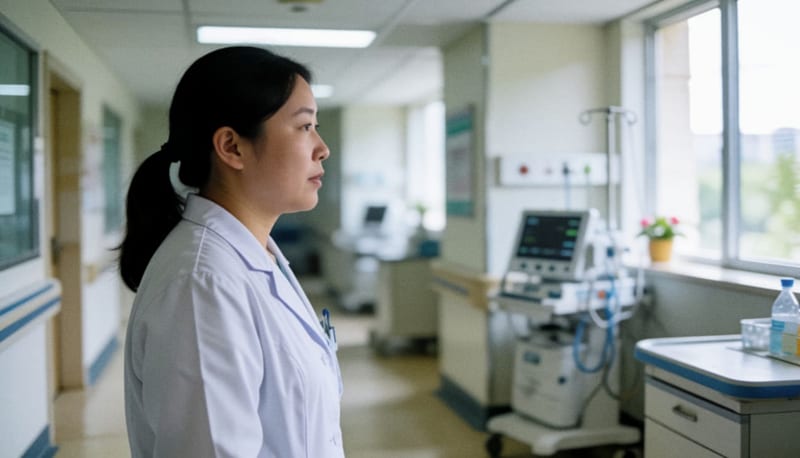 Profesional de la salud en el interior de una institución hospitalaria moderna