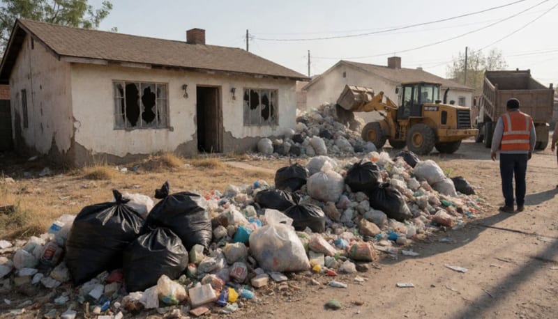 Casa abandonada con el patio lleno de basura y maquinaria retirando escombros en una colonia de ciudad norteña