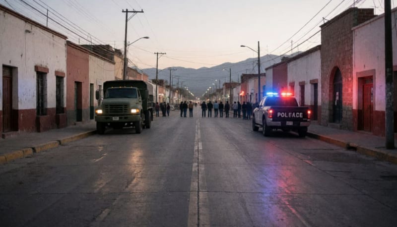 Avenida de una ciudad del norte al anochecer con camionetas distantes y luces rojas y azules sobre el pavimento
