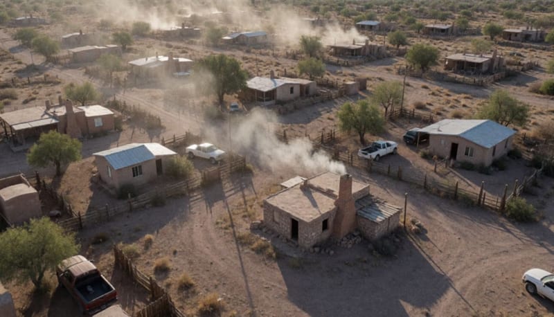 Estructura de horno chipotlero emitiendo humo cerca de viviendas rurales en comunidad desértica