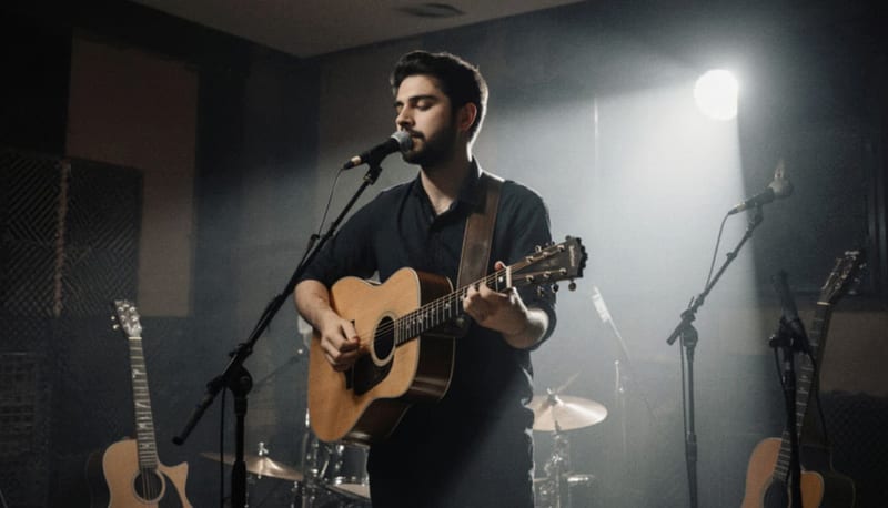 Cantautor presentando su música en un ambiente de estudio moderno con instrumentos e iluminación profesional