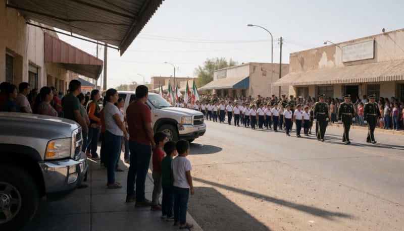 Familias observan desde la banqueta a contingentes escolares desfilando bajo el sol en una avenida de pequeño municipio
