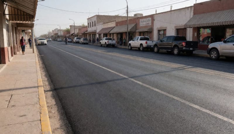 Calle recién pavimentada con vehículos estacionados y comercios locales en una ciudad del norte de México