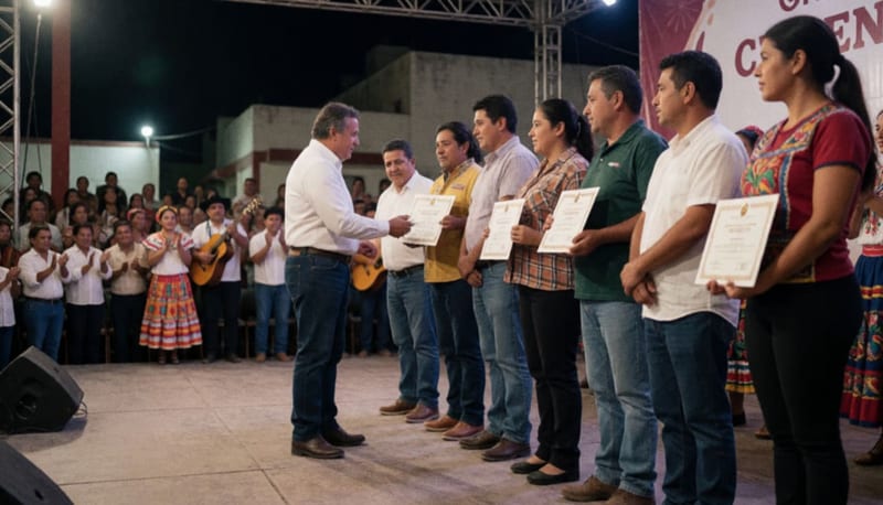 Ceremonia de reconocimiento a artistas en el escenario del Teatro del Pueblo durante la clausura de la feria municipal