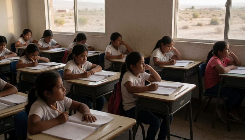 Estudiantes en un salón de clases con cuadernos y lápices, enfocados en tareas escolares durante una jornada escolar