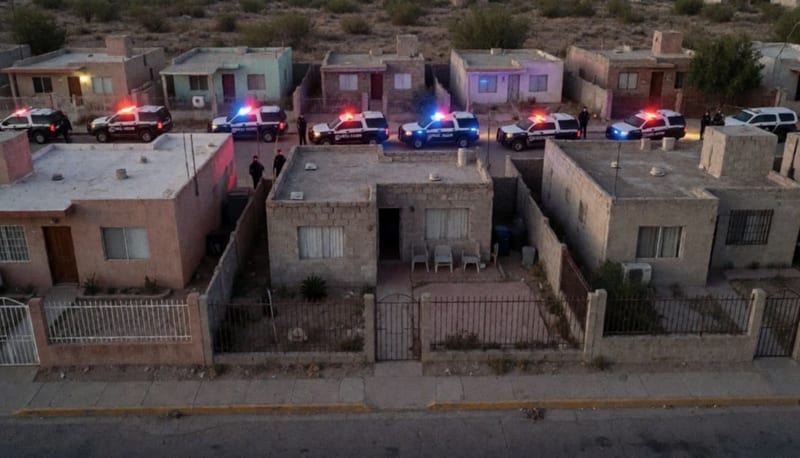 Patrullas con luces encendidas resguardando una vivienda en la colonia 2 de Octubre al sur de la ciudad