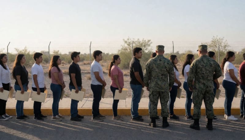 Jóvenes formados en fila en las instalaciones de un cuartel militar del norte de México