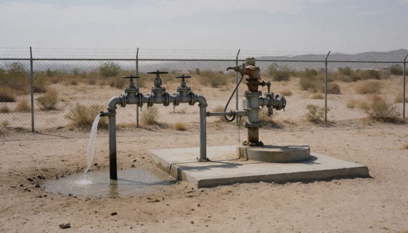 Instalación de un pozo de agua con tubería y válvulas de acero sobre una base de concreto en un terreno seco