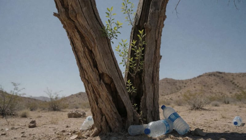Tronco partido y seco de un árbol con brotes verdes nuevos, rodeado de tierra árida y botellas de agua