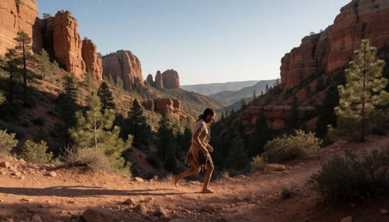 Corredor descalzo atravesando un sendero montañoso en un profundo cañón de la Sierra Tarahumara
