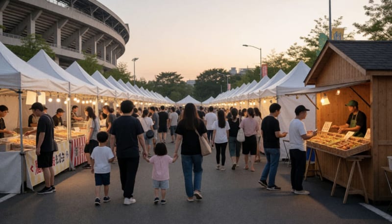 Visitantes recorren puestos de vendedores en un festival al aire libre al atardecer, con estructuras de tiendas y un estadio al fondo