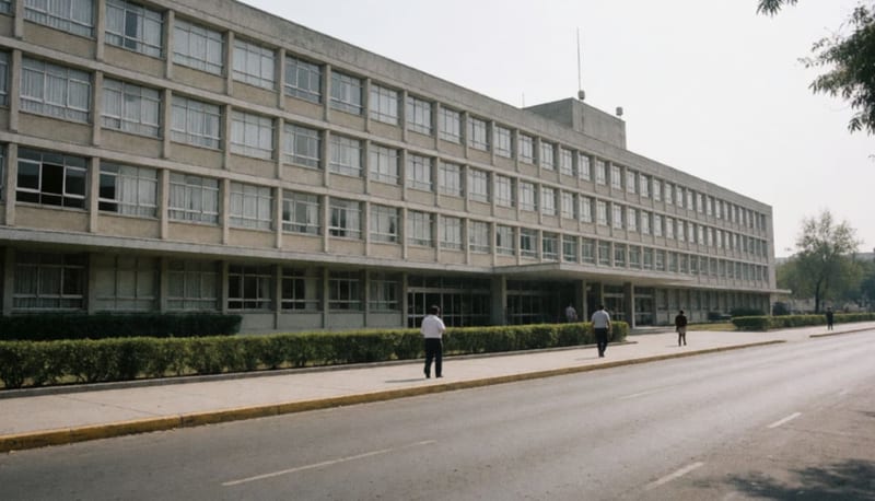 Fachada de un hospital público con una banqueta amplia y pocas personas a lo lejos