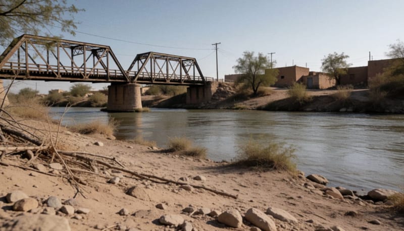 Puente antiguo cruzando el río fronterizo entre pueblos desérticos bajo el sol del norte
