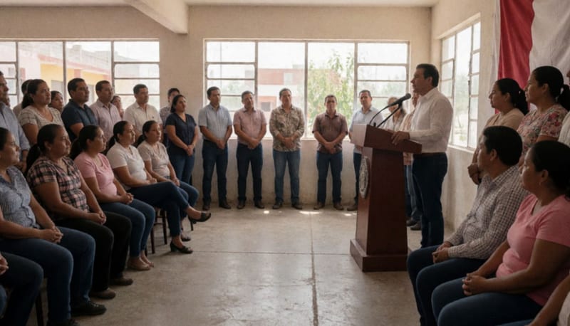 Reunión comunitaria en Cuauhtémoc con asistentes escuchando a un orador en el podio