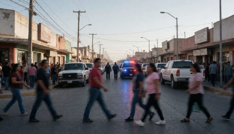 Calle de una ciudad fronteriza con transeúntes bajo vigilancia de autoridades en el entorno