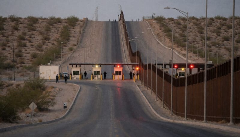 Valla fronteriza entre México y Estados Unidos al atardecer con paisaje desértico