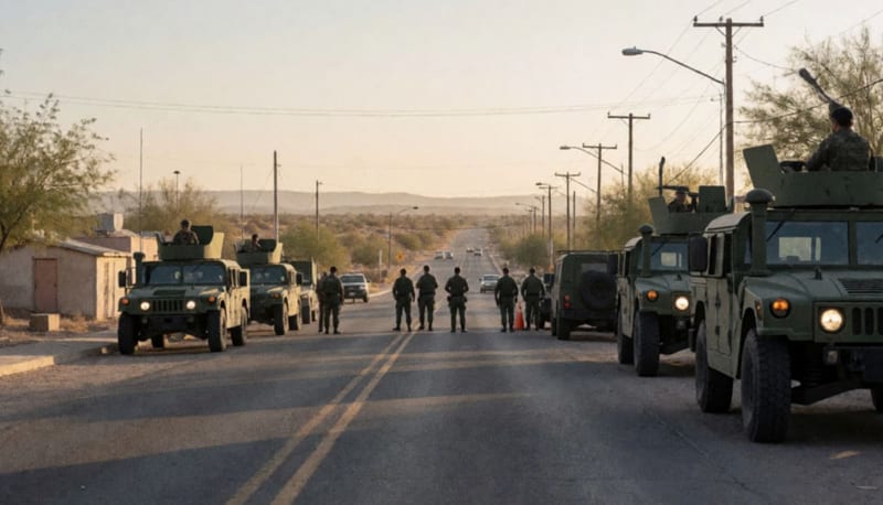 Vehículos militares estacionados en un puesto de control fronterizo del desierto chihuahuense