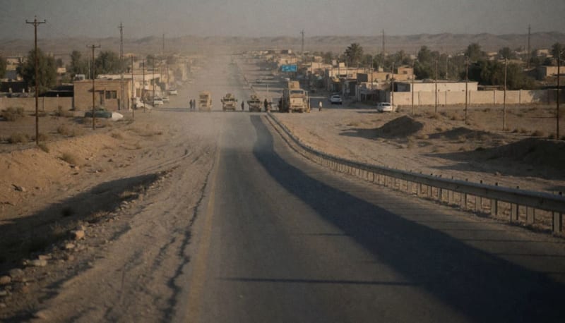Carretera desértica al atardecer cerca de una población fronteriza, con un retén a lo lejos