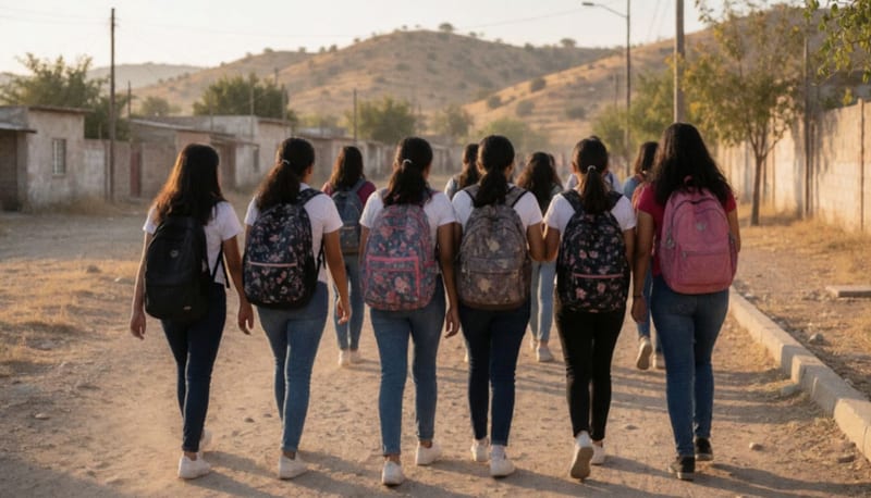 Grupo de adolescentes caminando de espaldas por un camino de tierra con casas bajas y cerros áridos al fondo
