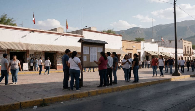 Personas observan carteles informativos en una plaza de un pueblo de Chihuahua