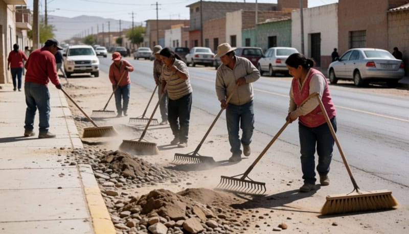 Cuadrillas retirando tierra y escombros de una avenida principal bajo el sol del norte de México