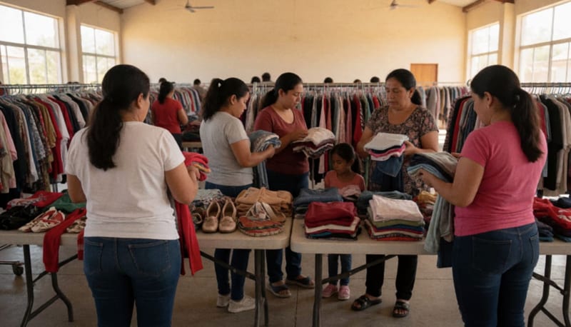 Personas revisando ropa y calzado sobre mesas plegables dentro de un salón amplio y luminoso durante la mañana
