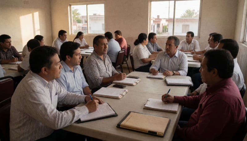 Empresarios reunidos en torno a mesas de trabajo durante una sesión de organización local