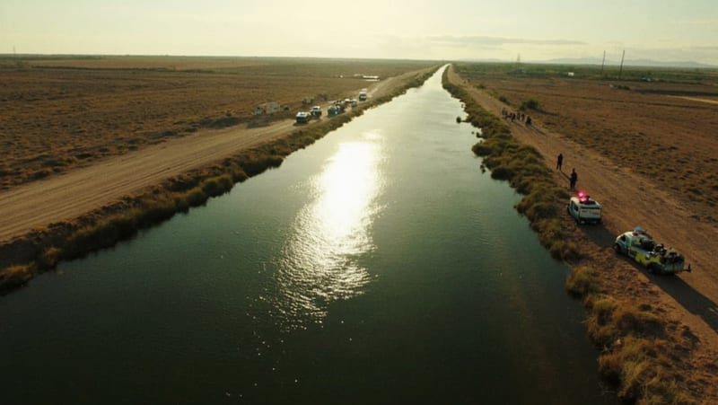 Vehículos de emergencia estacionados junto a un canal en zona rural de Meoqui con luces de alerta encendidas