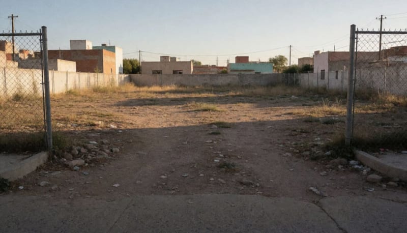 Lote baldío y descuidado en una zona residencial de Cuauhtémoc bajo la luz del atardecer