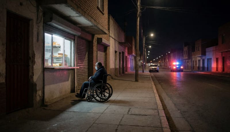 Silla de ruedas junto a establecimiento comercial en una calle de la colonia Santa Rosa durante la noche