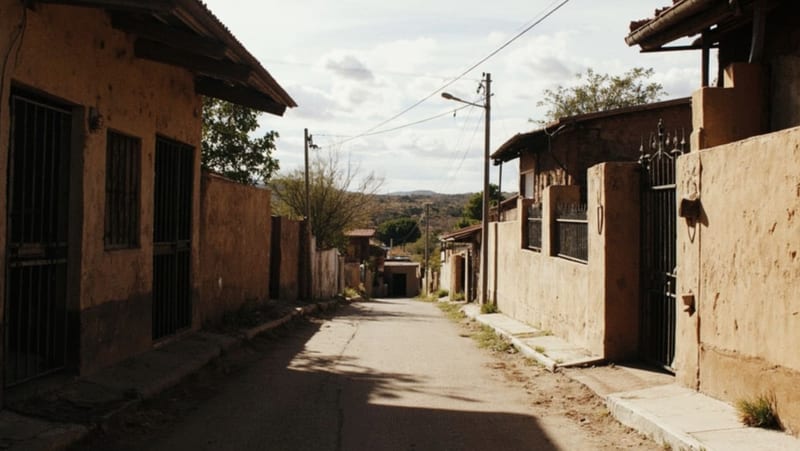 Calle residencial de una colonia en Chihuahua con casas modestas y muros de contención